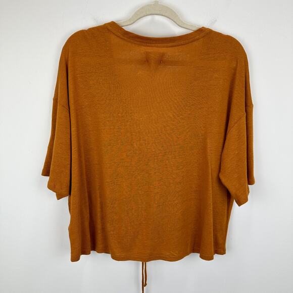 Every Linen Blend Knit Top Cinched Ruched Copper Orange Comfy Cropped Large NWT - Picture 9 of 9